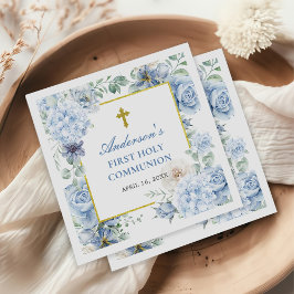 Första Heligan Communion Dusty Blue-Blommigt Pappersservett