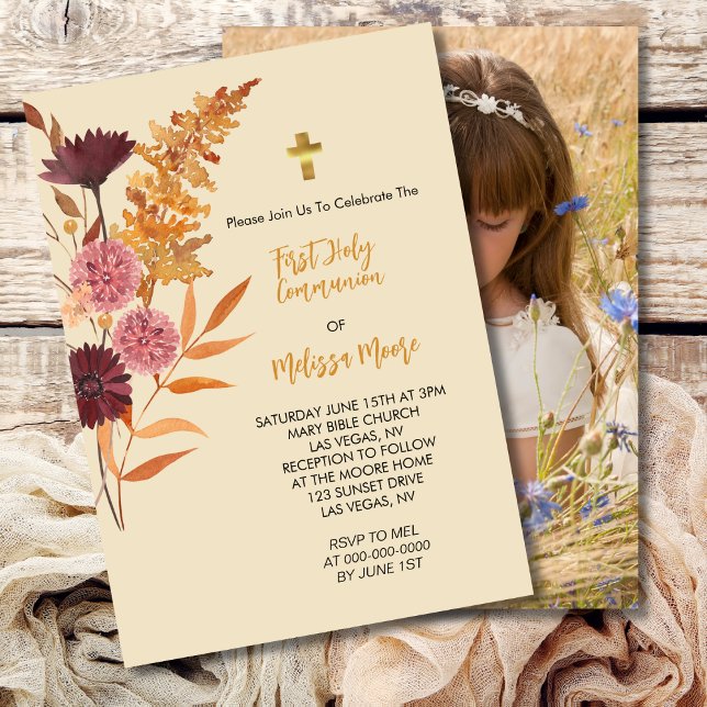 Första Heligan Communion Fall Boho Rustic Flower Inbjudningar (Skapare uppladdad)