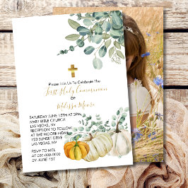 Första Heligan Communion Fall Pumpkin Greenery Inbjudningar