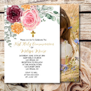 Första Heligan Communion Fall Rosa Burgundy Blommi Inbjudningar