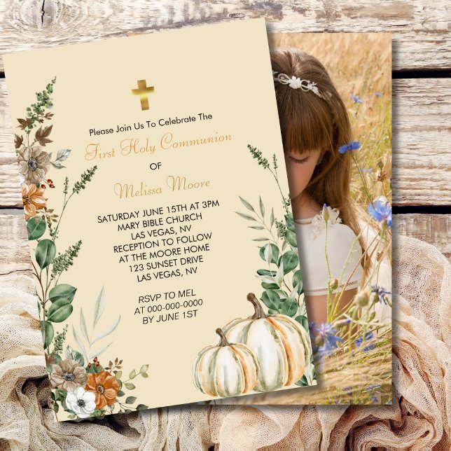 Första Heligan Communion Fall Rustic Brown Blommig Inbjudningar (Skapare uppladdad)