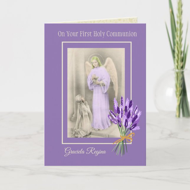 Första Heligan Communion Girl Angel Lavender Flowe Kort (Framsida)