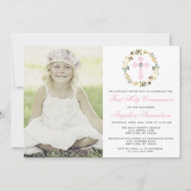 Första Heligan Communion Girl Blommigt Kor PHOTO Inbjudningar (Framsida)