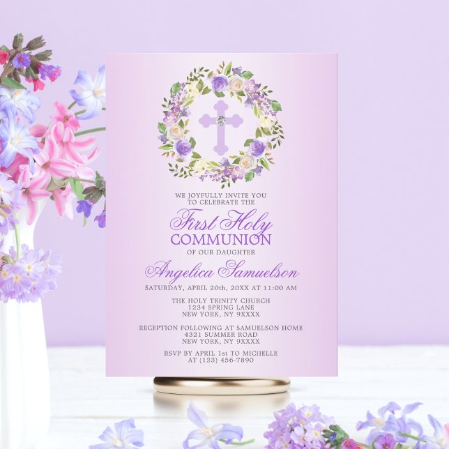 Första Heligan Communion Girl Blommigt Lila Lavend Inbjudningar (Skapare uppladdad)