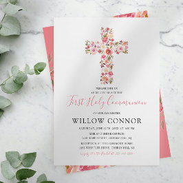 Första Heligan Communion Girl Rosa Blommigt Kor Inbjudningar