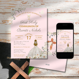 Första Heligan Communion Girl  Rosa Chalice Inbjudningar