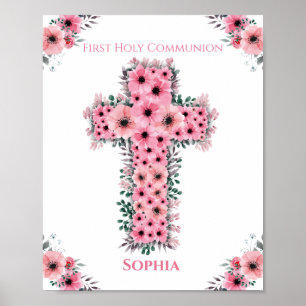 Första Heligan Communion Girl Rosa Flower Kor Chic Poster