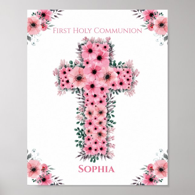 Första Heligan Communion Girl Rosa Flower Kor Chic Poster (Framsidan)