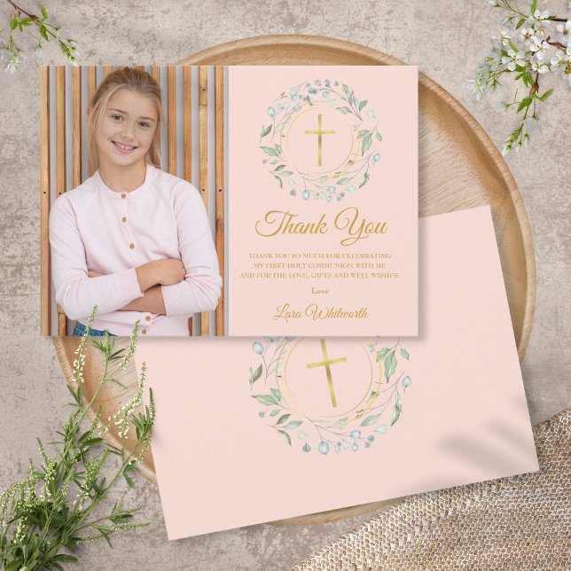 Första Heligan Communion Greenery  Rosa Photo Tack Kort (Skapare uppladdad)