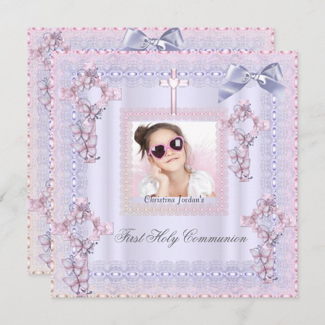 Första Heligan Communion Kor Girl Photo Lavender Inbjudningar (Fram/baksida)