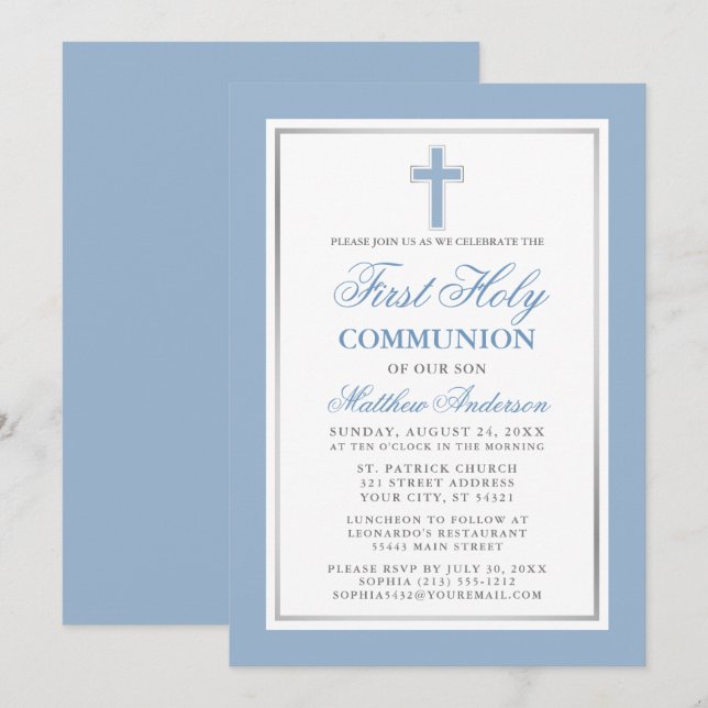 Första Heligan Communion Light Blue och Silver Inbjudningar (Fram/baksida)