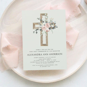 Första Heligan Communion Sage Grönt Dusty Rosa ros Inbjudningar
