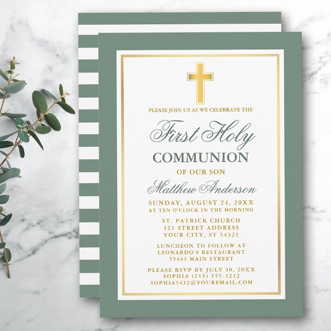 Första Heligan Communion Sage Grönt Rand Guld Inbjudningar (Customize to change text size, color or text style.)