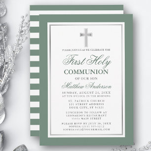 Första Heligan Communion Sage Grönt Silver Stripe Inbjudningar