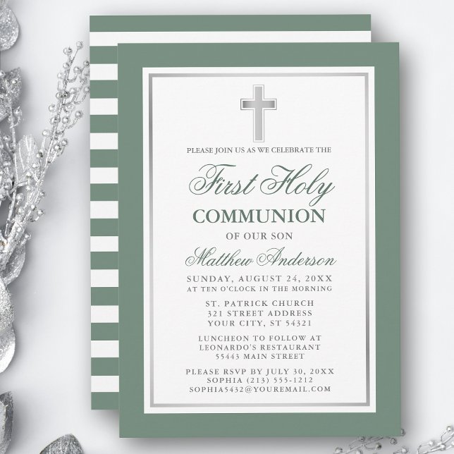 Första Heligan Communion Sage Grönt Silver Stripe Inbjudningar (Customize to change text size, color or text style.)