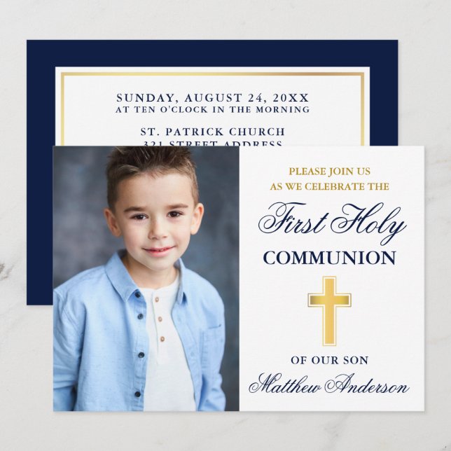 Första Heligan: gemensamsblått och Guld-foto Inbjudningar (Fram/baksida)