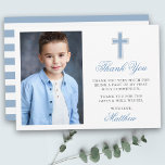 Första Heligan, gemenskap Foto Light Blue Stripe Tack Kort<br><div class="desc">Tack för ditt kort med Silver Kor i elegant Första Heligan. Fotofronten. Ljusblått skript. Stripe bakåt.</div>