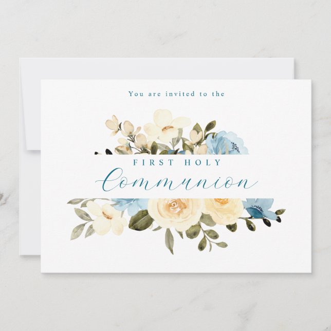 Första Heligan Gemunion Blue Ivory Flowers Greener Inbjudningar (Framsida)