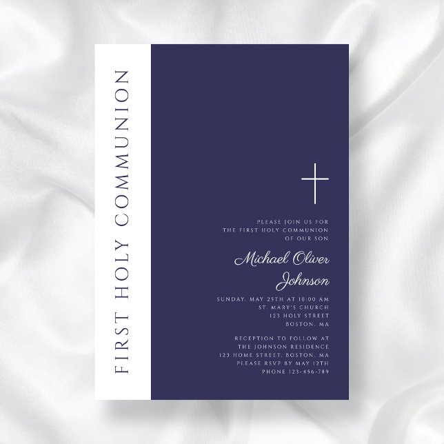 Första Heligan i Modern Navy Blue Kor Inbjudningar (Modern Navy Blue Cross First Holy Communion Invitation)