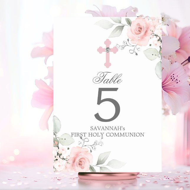 Första Heligan: kommunförbundet Baptism Rosa ros G Bordsnummer (First Holy Communion Baptism Pink Rose Girl Cross Table Number)
