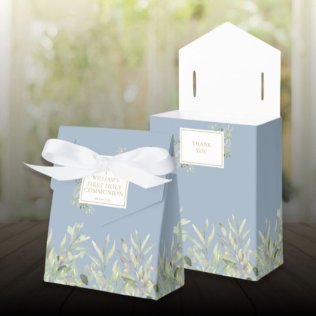 Första Heligan kommunförbundet Greenery Foliage Bl Presentaskar (First Holy Communion Greenery Foliage Blue Favor Boxes)