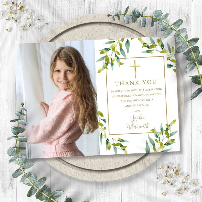 Första Heligan: kommunförbundet Greenery Foliage P Tack Kort (First Holy Communion Greenery Foliage Photo Thank You Card)
