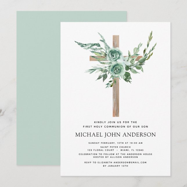 Första Heligan kommunförbundet Greenery Sage Eucal Inbjudningar (Fram/baksida)