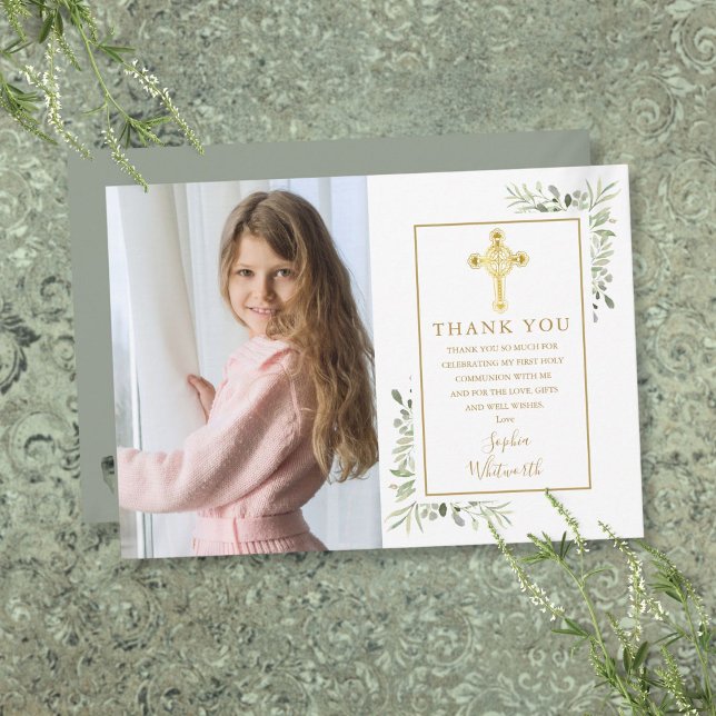 Första Heligan: kommunförbundet Guld Kor Greenery  Tack Kort (First Holy Communion Gold Cross Greenery Photo Thank You Card)