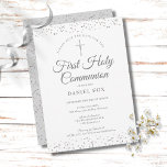 Första Heligan kommunförbundet Silver Stardust Spara Datumet<br><div class="desc">En elegant First Heliga Communion sparar datuminbjudan med känsligt silver-startdamm. Du kan anpassa dig med dina speciella firande-detaljer i chic silver. Designad av Thisisnotme©</div>