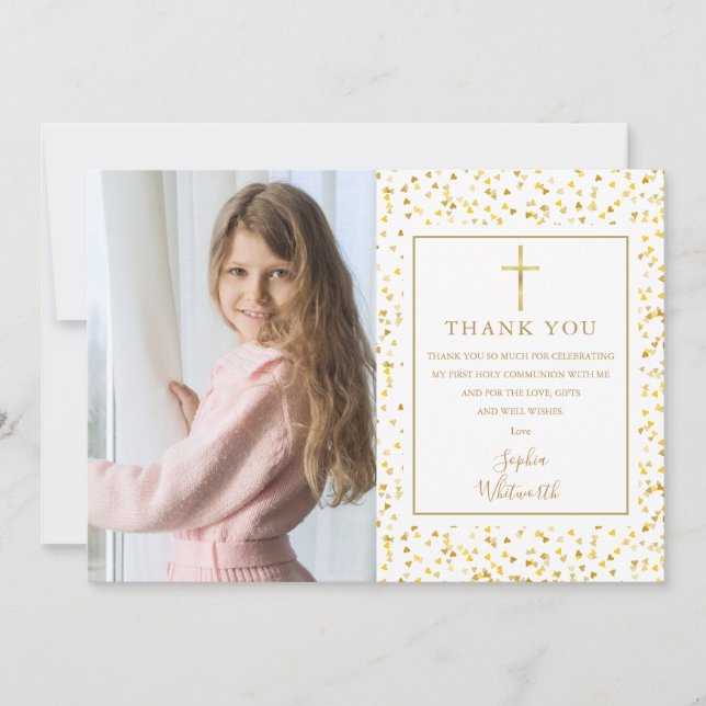 Första Heligan Kommuniation Guld Hearts Confetti P Tack Kort (Framsida)