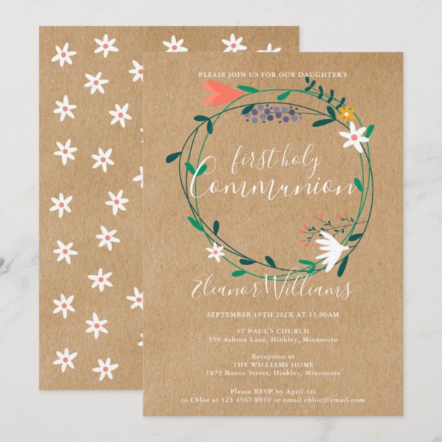 Första Heligan Kommunic Modern Blommigt Rustic Mod Inbjudningar (Fram/baksida)