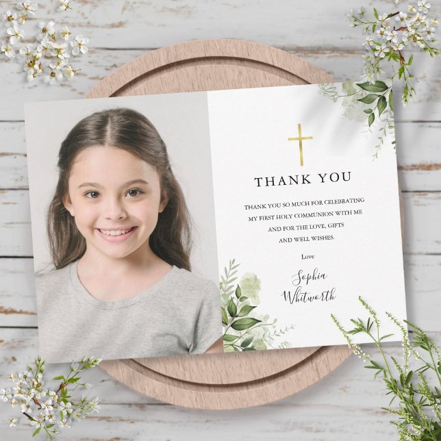 Första Heligan Kommunice Rustic Greenery Photo Tack Kort (First Holy Communion Rustic Greenery Photo Thank You Card)