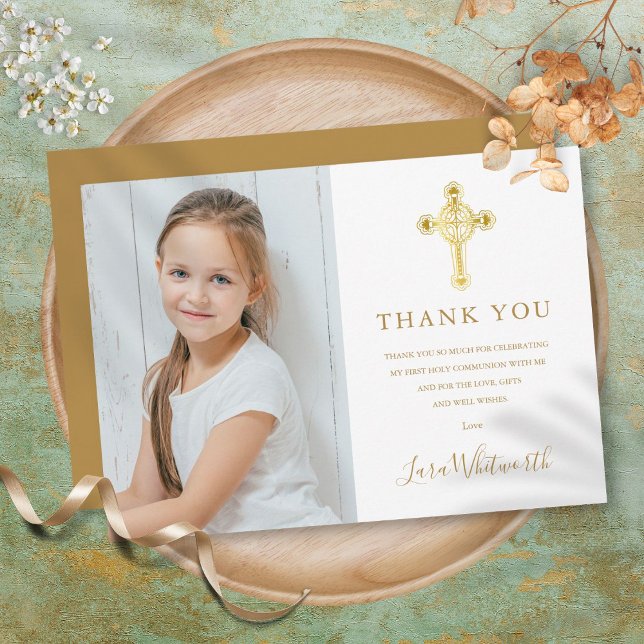 Första Heligan Kommuniformer Guld Kor Namnteckning Tack Kort (First Holy Communion Gold Cross Signature Photo Thank You Card)
