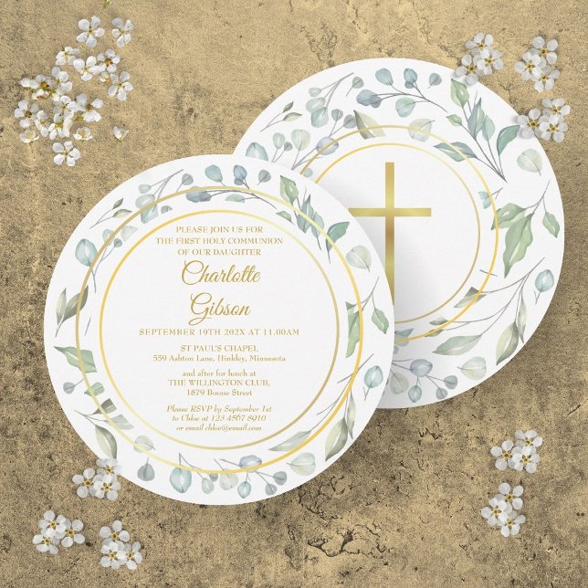 Första Heligan Kommuniformer Laurel Garland Guld C Inbjudningar (First Holy Communion Laurel Garland Gold Circular Invitation)