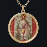 Första Heligan Kommunikatolska Jesus Änglar Guldpläterat Halsband<br><div class="desc">Detta är en vacker traditionell katolsk bild av Jesus som erbjuder värden med schalisen,  blommor och röd bakgrund.</div>