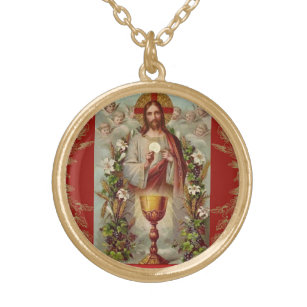 Första Heligan Kommunikatolska Jesus Änglar Guldpläterat Halsband