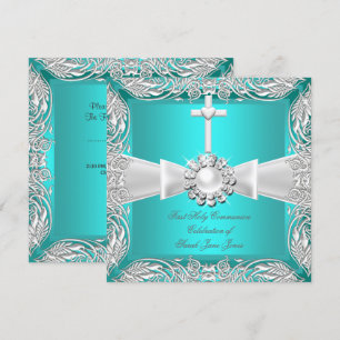 Första Heligan Kommunion Teal White Silver Girl Bo Inbjudningar