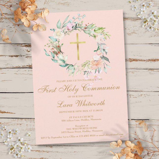Första Heligan Kommunisiens Blommigt för  Rosa i K Inbjudningar (First Holy Communion Gold Cross Blush Pink Floral Invitation)