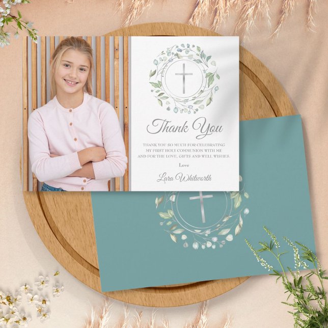 Första Heligan kommunision Laurel Garland Photo Tack Kort (Skapare uppladdad)