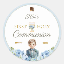 Första Heligan kommunision Stickers Dusty Blue for Runt Klistermärke