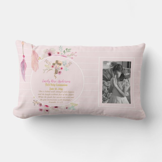 Första Heligan Kommuniunion PHOTO Gift Grils Rosa  Lumbarkudde (Framsida)