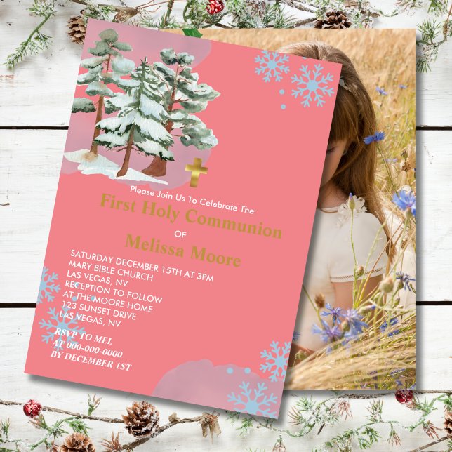 Första Heligan Kommuniunion Winter Forest Snowflak Inbjudningar (Skapare uppladdad)
