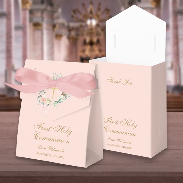 Första Heligans  Rosa av gemenskapens Blommigt Gar Presentaskar (First Holy Communion Floral Garland Blush Pink Favor Box)
