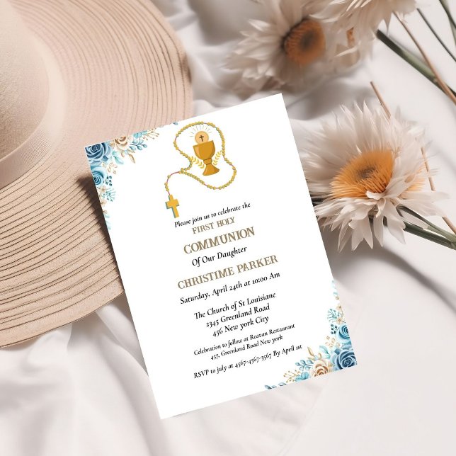 Första heligans vattenfärgsblå blommigt inbjudningar (Skapare uppladdad)