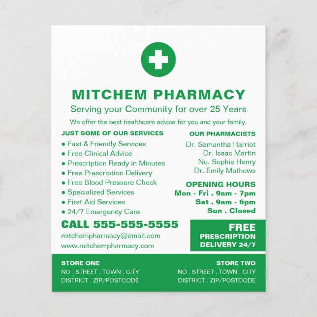 Första hjälpen-symbol, farmaci, farmaceuter Advert Flygblad (Framsidan)