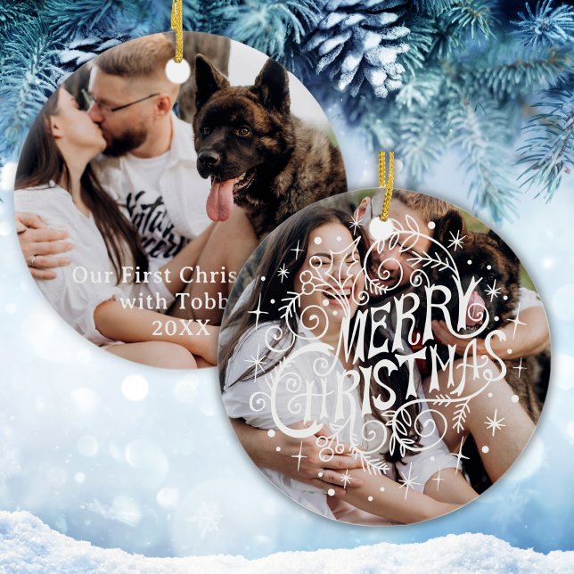 Första Hund i julklapp Modern Calligraphy Pet Phot Julgransprydnad Keramik (First Christmas Dog Modern Calligraphy Pet Photo Ceramic Ornament
)