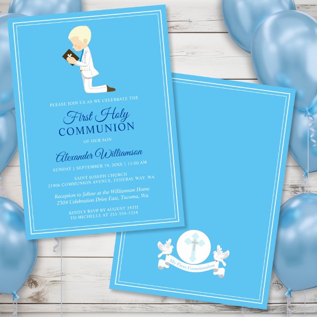 Första inbjudan till Communion Blond Boy Blue (First Communion Blond Boy Blue Invitation)