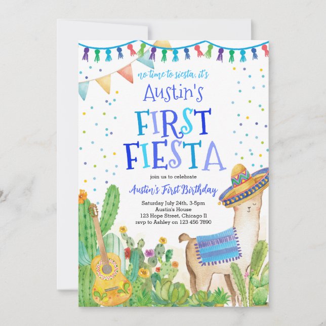 Första inbjudan till Fiesta Blue Mexican Boy Birth (Framsida)