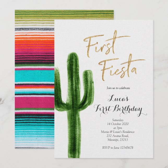 Första inbjudan till Fiesta Cactus Birthday (Fram/baksida)