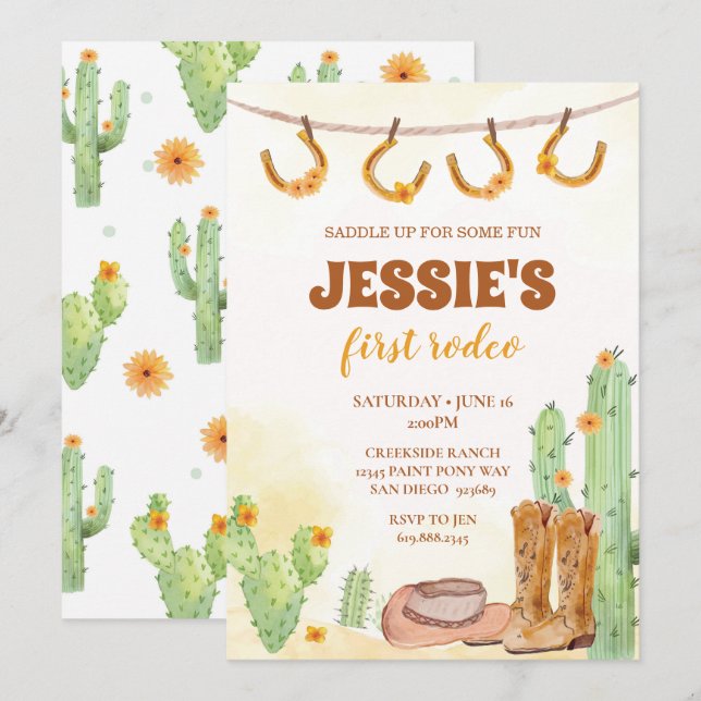 Första inbjudan till Rodeo Cowgirl Birthday Birthd (Fram/baksida)